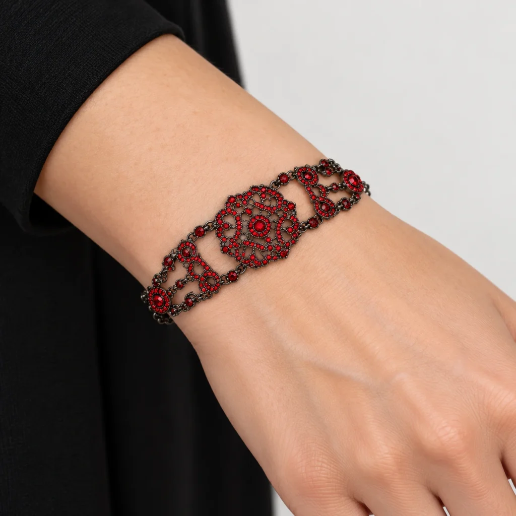 AI styling preview of Ruby-Tone Crystal Filigree Bracelet worn on a model