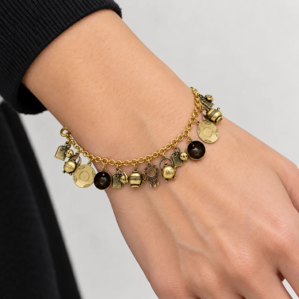 AI styling preview of Victorian Tea Charm Bracelet worn on a model
