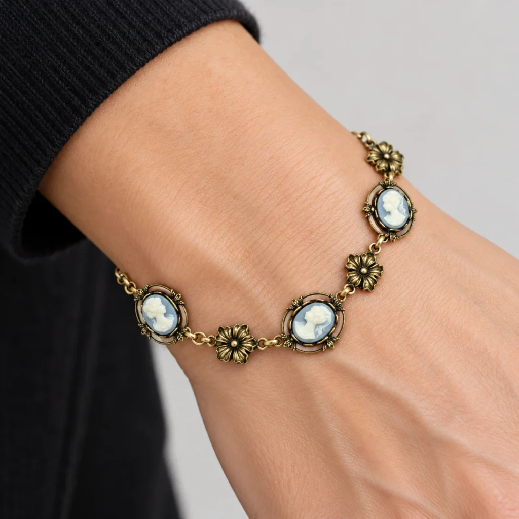 AI styling preview of Blue Cameo & Flower Bracelet worn on a model