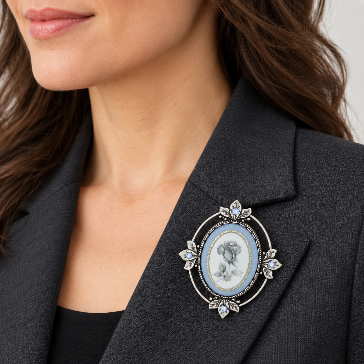 AI styling preview of Blue Rose Oval Brooch worn on a model