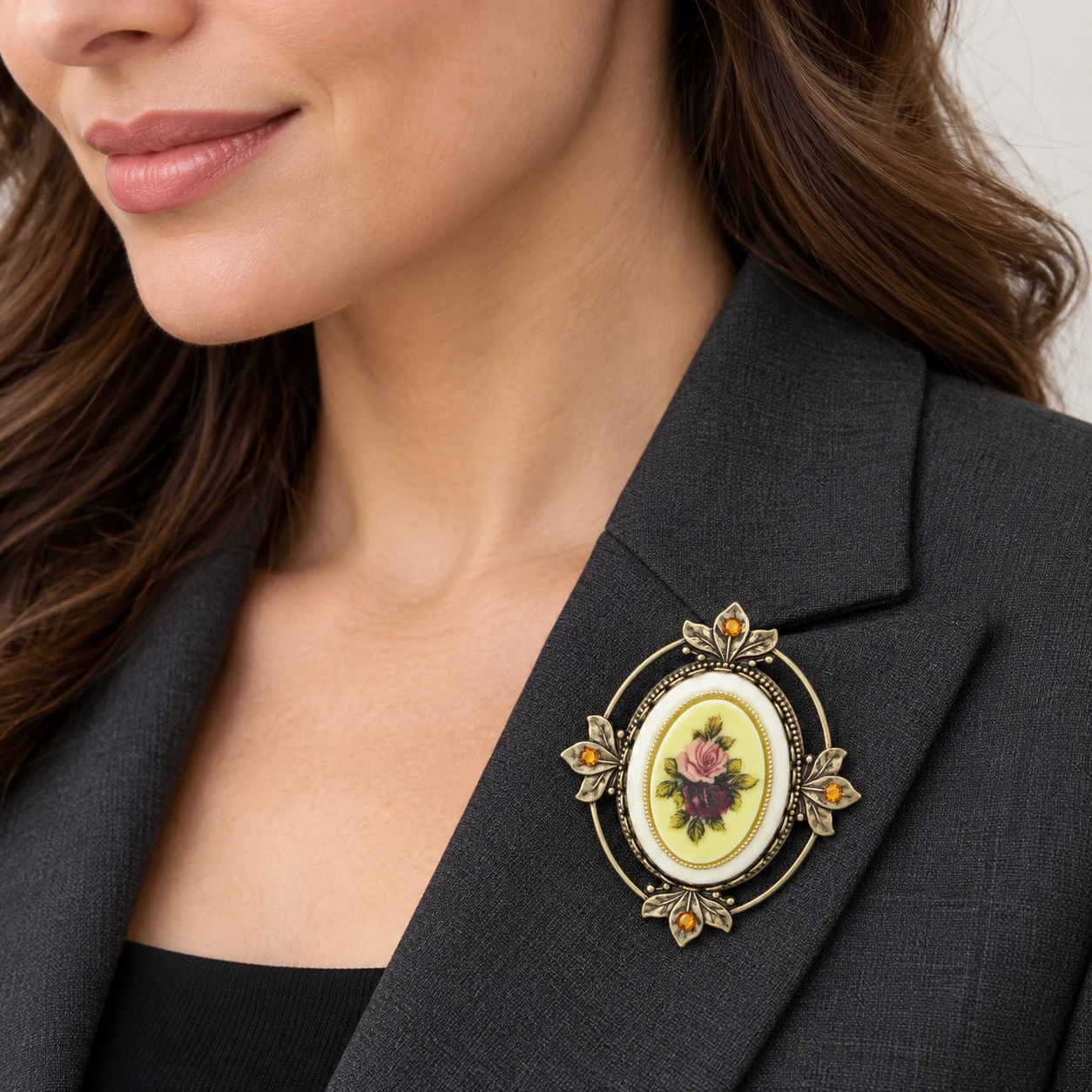 AI styling preview of Porcelain Rose & Topaz-Tone Brooch worn on a model