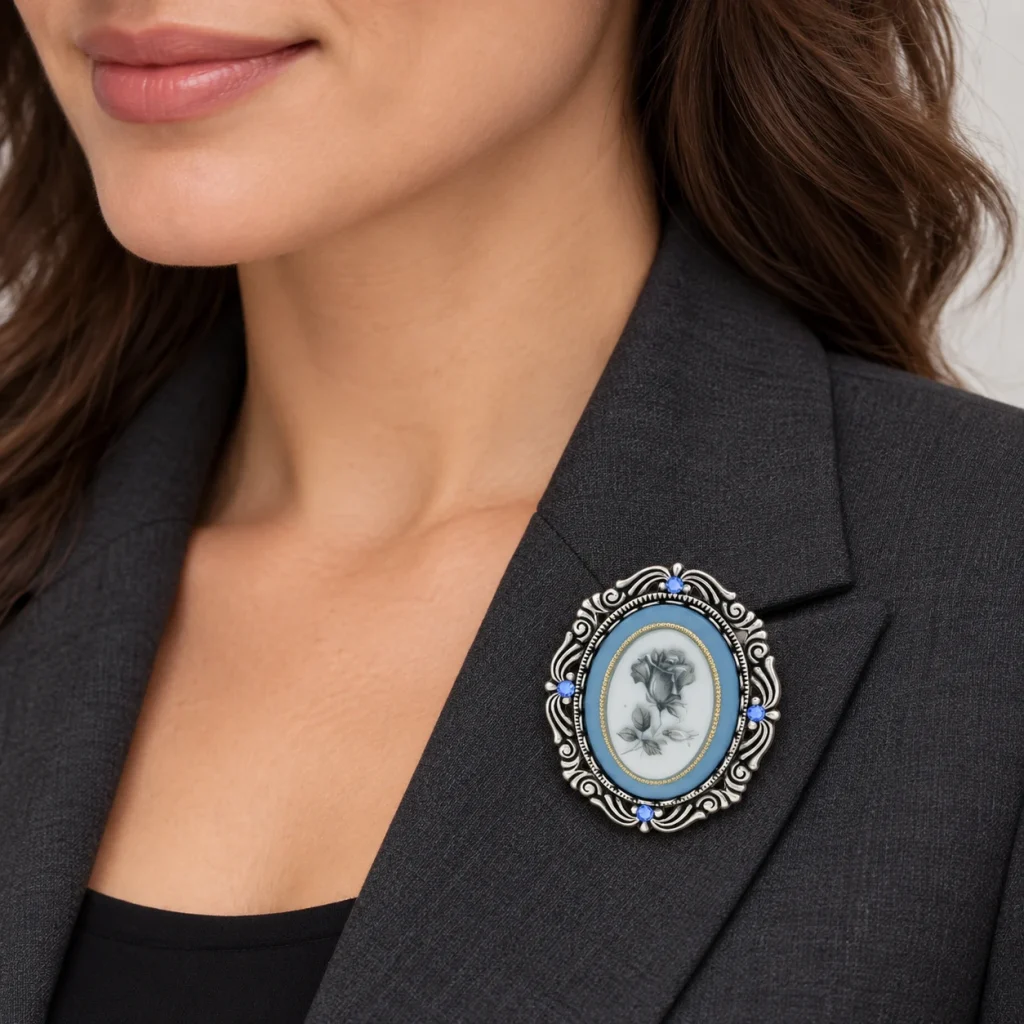 AI styling preview of Blue Rose Decorative Brooch worn on a model