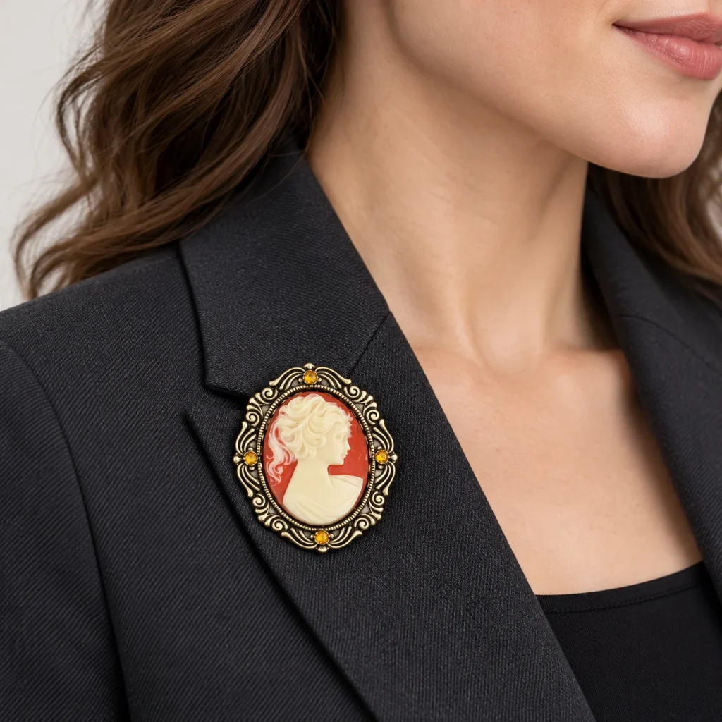 AI styling preview of Carnelian-Tone Oval Cameo Brooch worn on a model