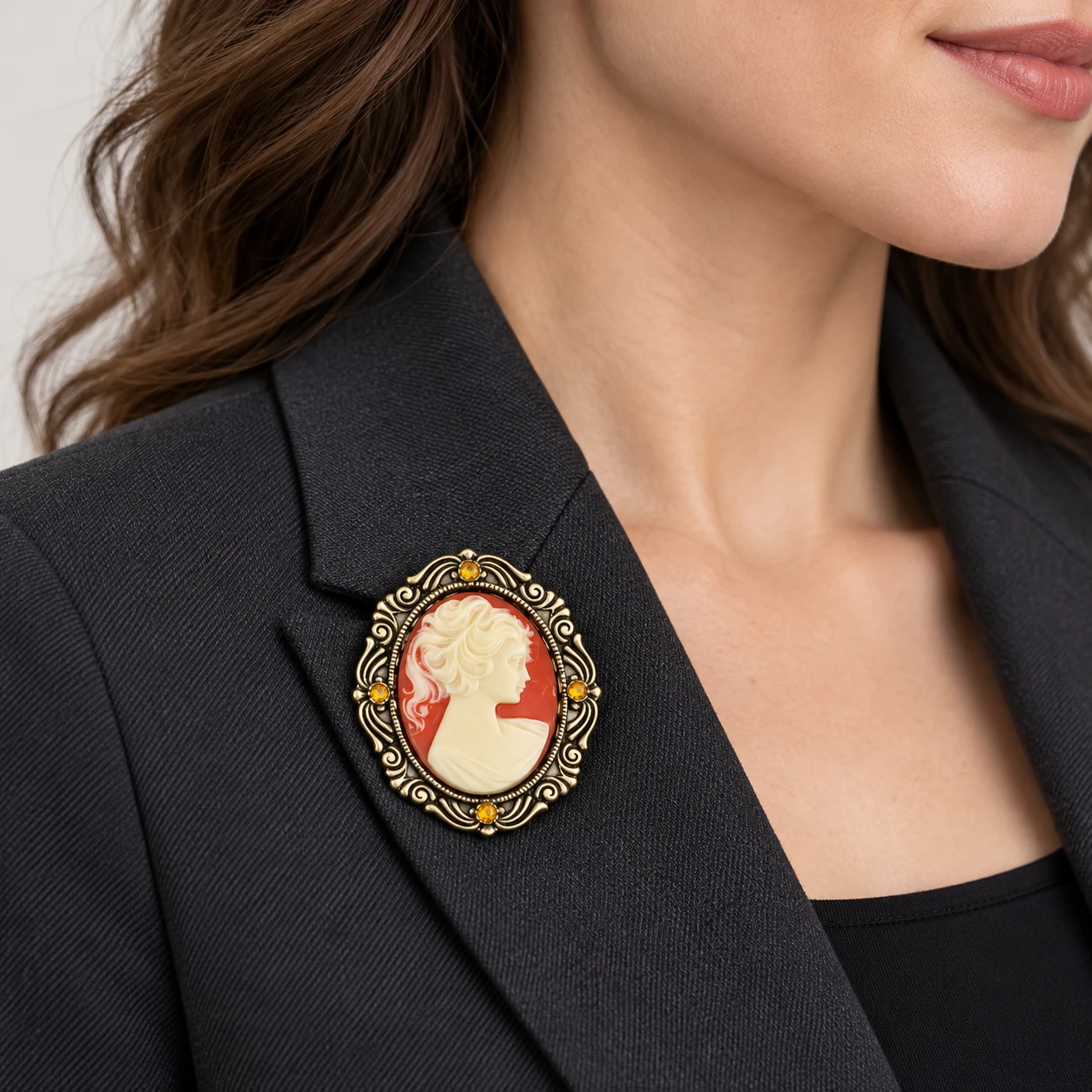 AI styling preview of Carnelian-Tone Oval Cameo Brooch worn on a model