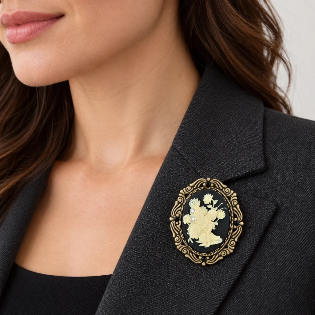 AI styling preview of Fairy Cameo Oval Brooch worn on a model