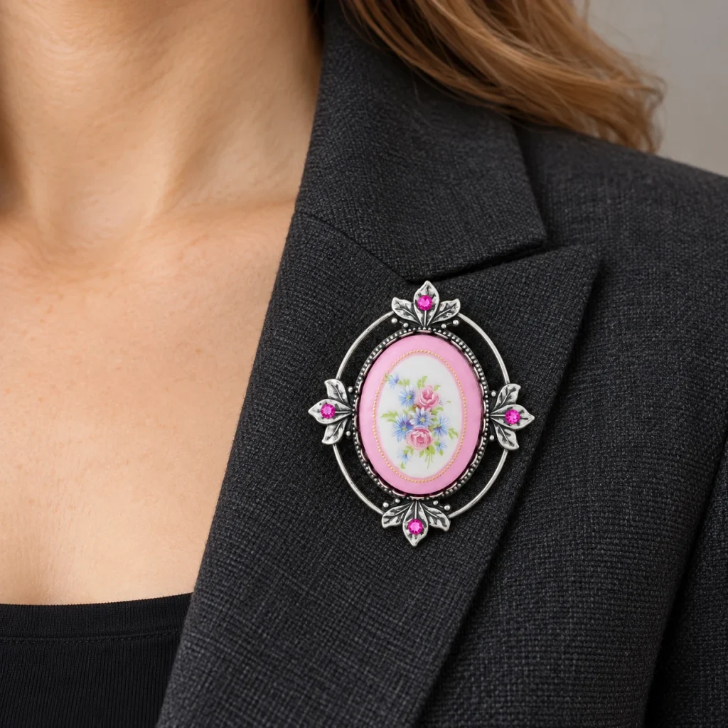 AI styling preview of Pink Floral Oval Brooch worn on a model