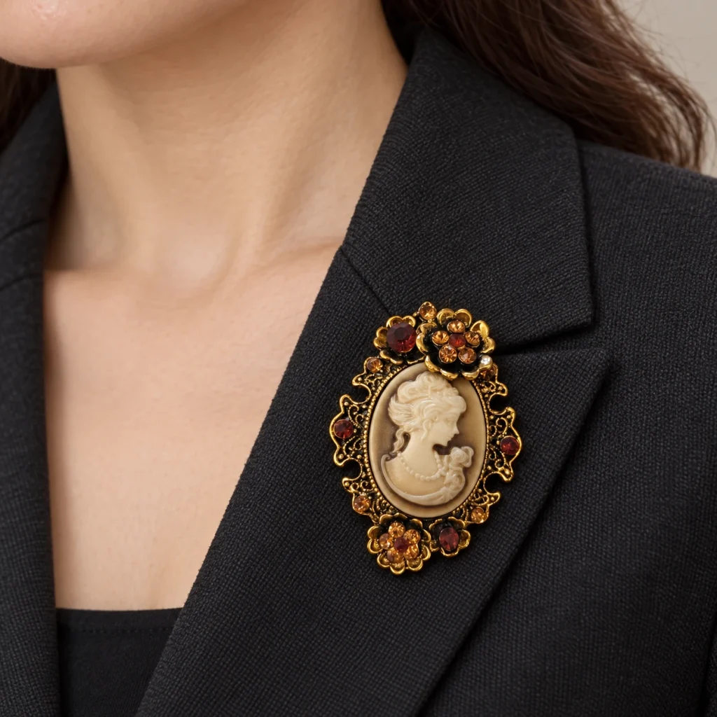 AI styling preview of Gold-Tone Cameo Brooch with Amber-Colored Crystal Accents worn on a model