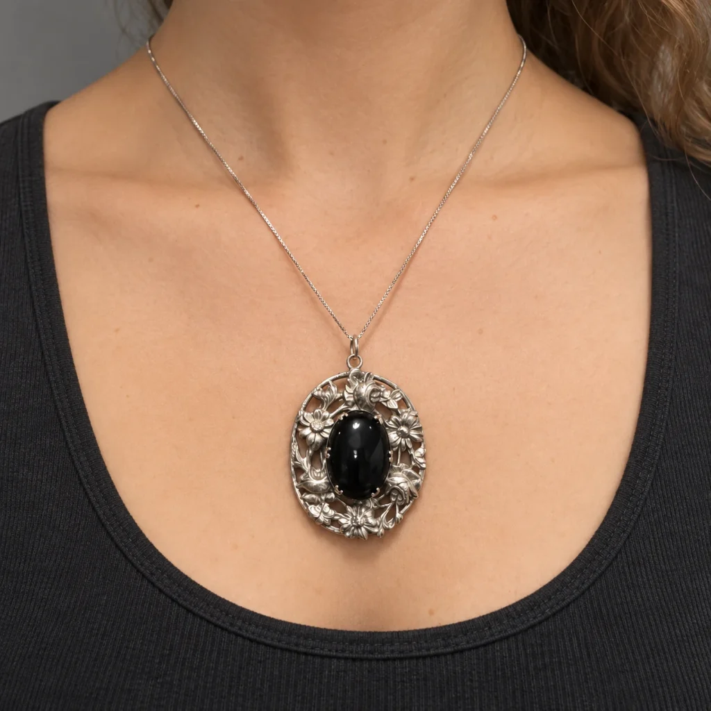 AI styling preview of Midnight Garden Floral Pendant Necklace worn on a model