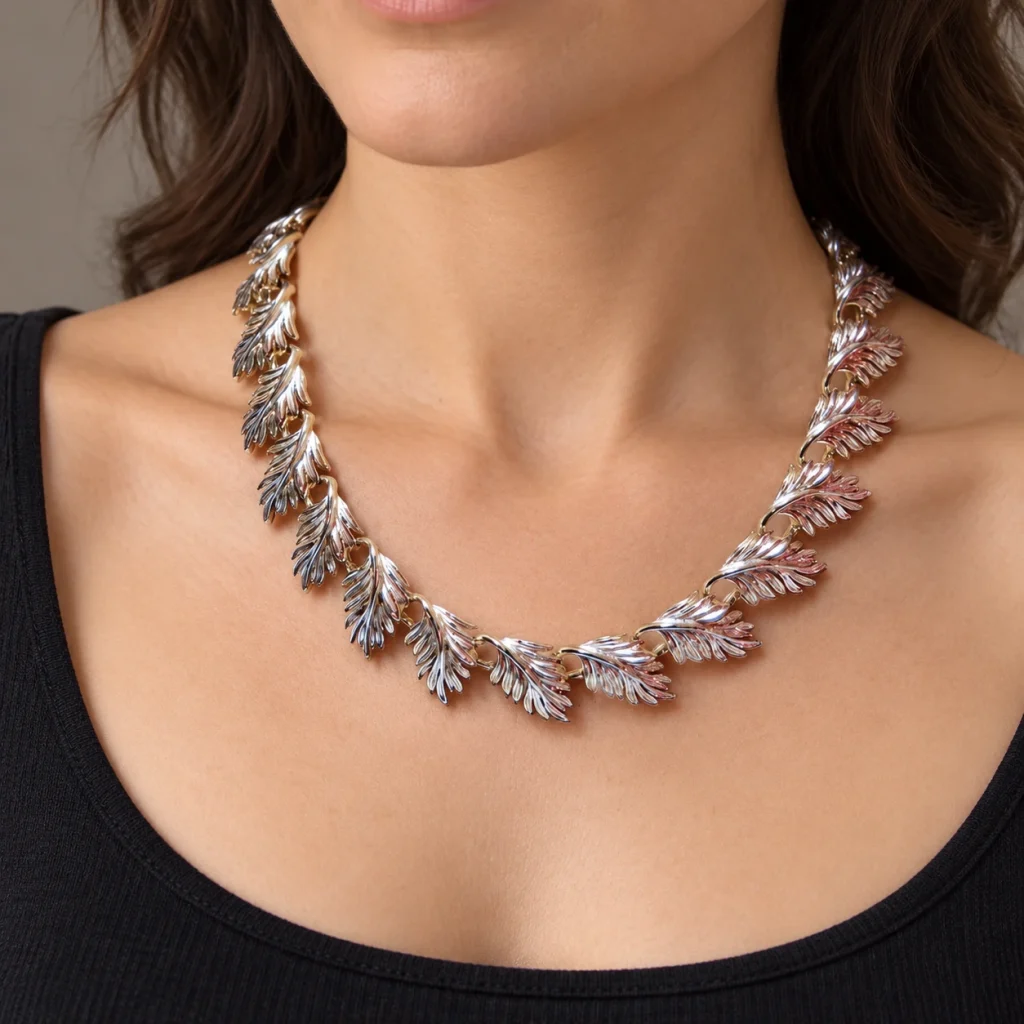 AI styling preview of Lisner Leaf-Link Necklace worn on a model