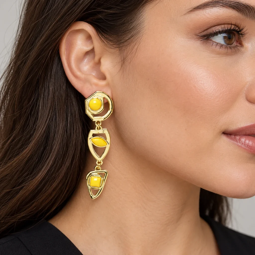 AI styling preview of Yellow Acrylic Statement Earrings worn on a model