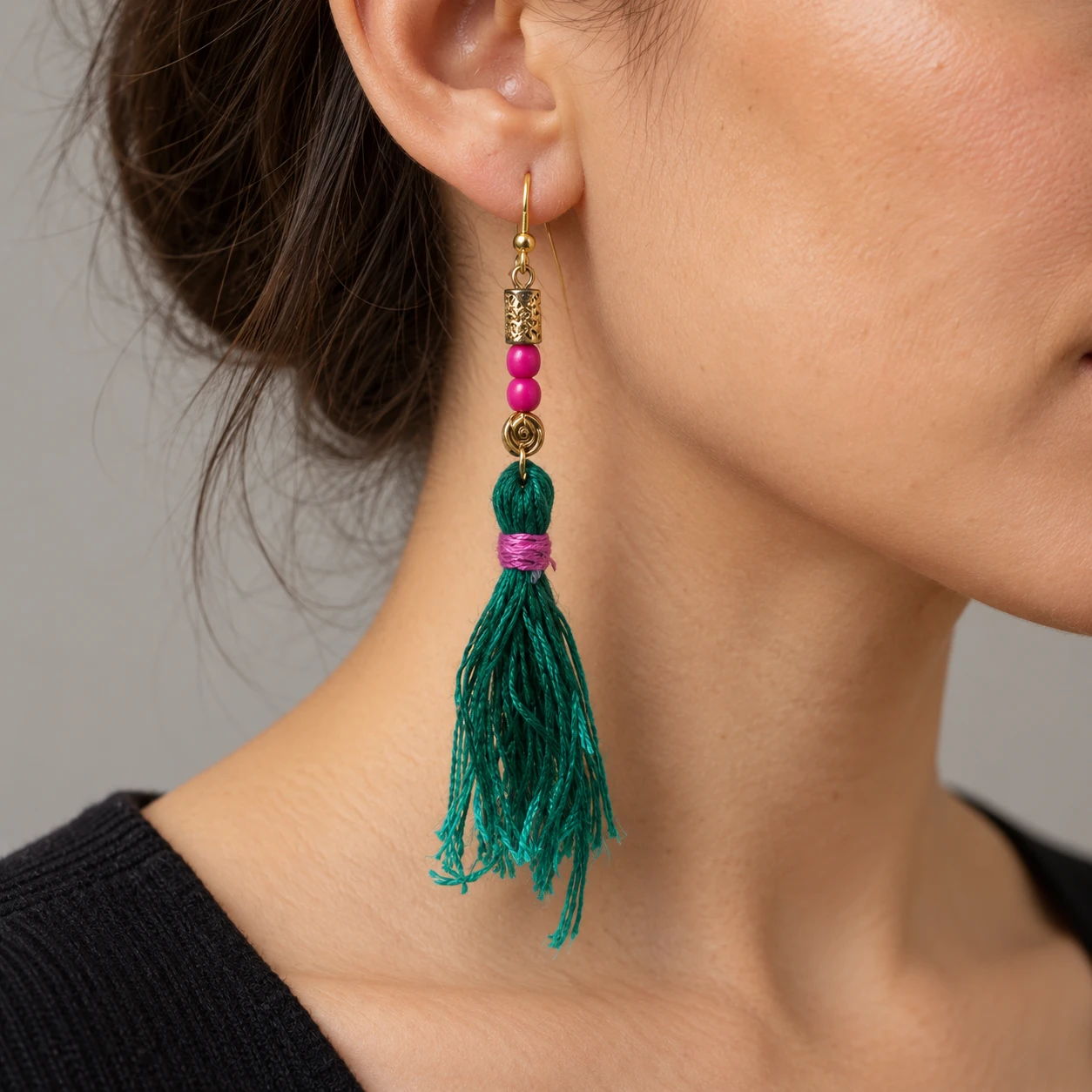 AI styling preview of Green Fringe Tassel Earrings worn on a model