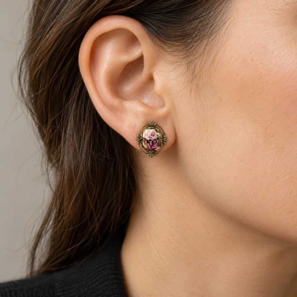 AI styling preview of Rose Porcelain Stud Earrings — Petite worn on a model