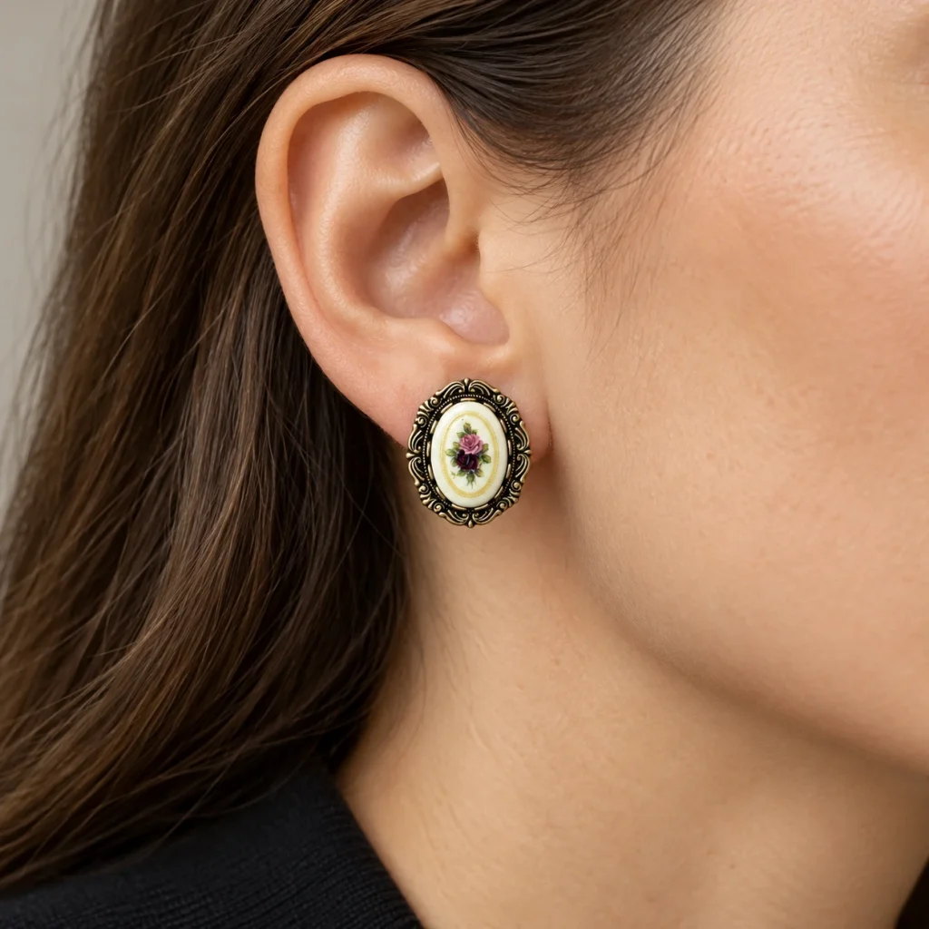 AI styling preview of Rose Porcelain Post Earrings — Oval worn on a model