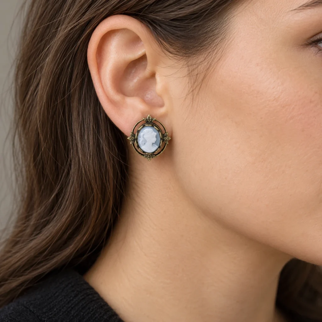 AI styling preview of Blue Cameo Button Earrings worn on a model