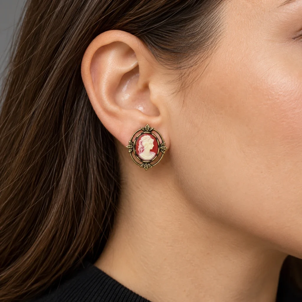 AI styling preview of Carnelian-Tone Cameo Button Earrings worn on a model