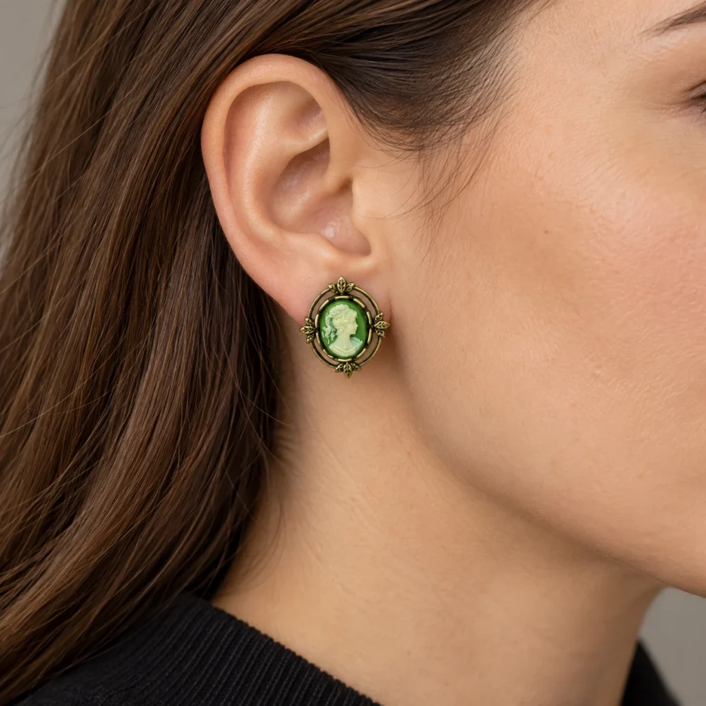 AI styling preview of Green Cameo Button Earrings worn on a model