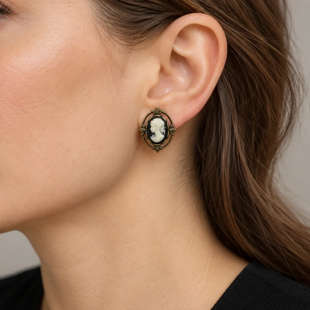 AI styling preview of Black Cameo Button Earrings worn on a model