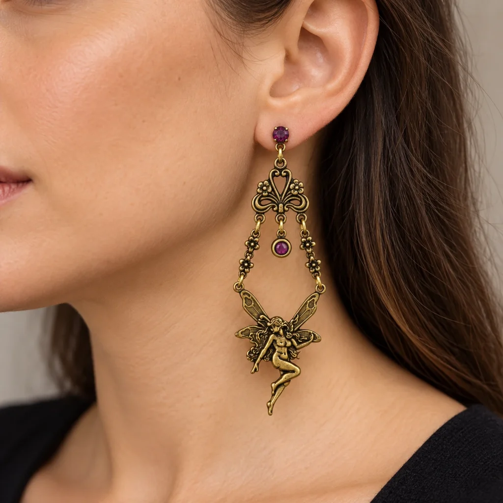 AI styling preview of Amethyst-Tone Fairy Chandelier Earrings worn on a model