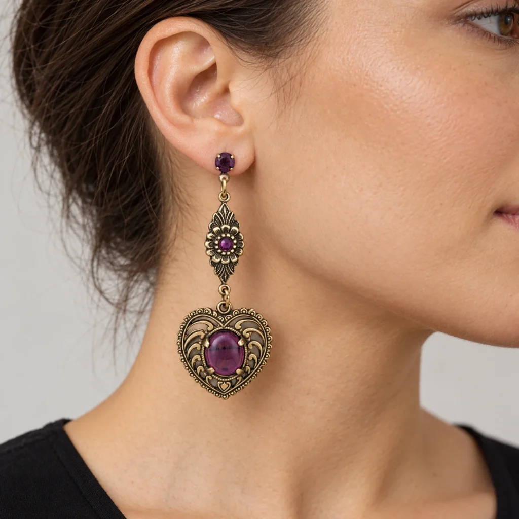 AI styling preview of Crystal Heart Filigree Chandelier Earrings worn on a model