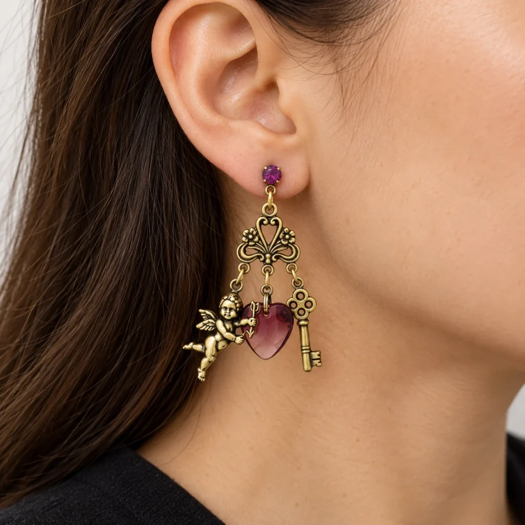 AI styling preview of Cupid, Heart & Key Crystal Earrings worn on a model
