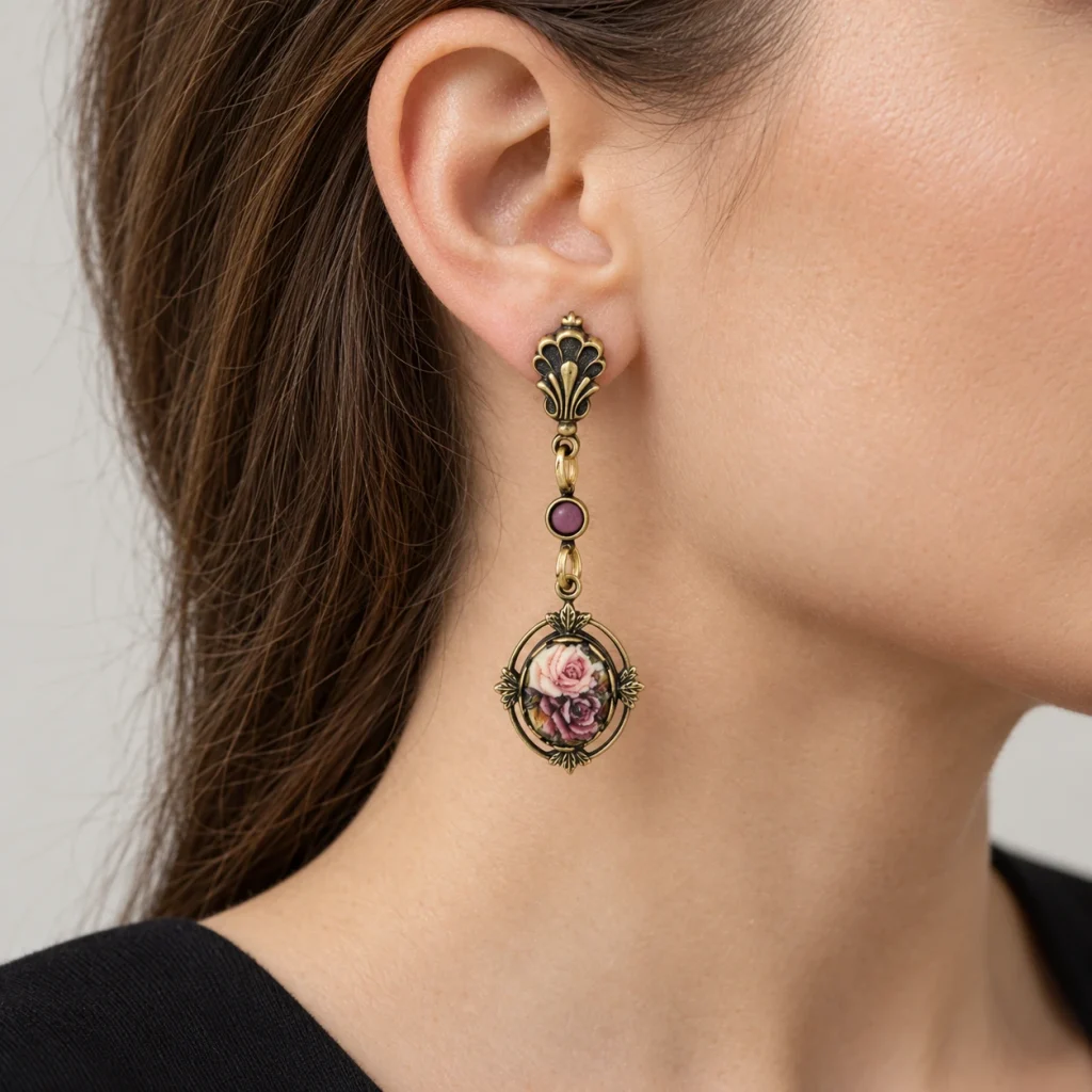 AI styling preview of Porcelain Rose Drop Earrings worn on a model