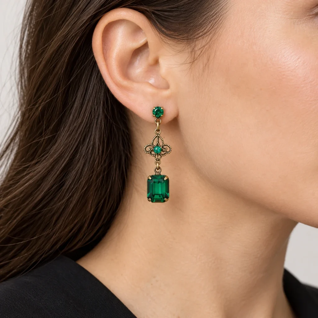 AI styling preview of Emerald-Tone Octagon Filigree Earrings worn on a model