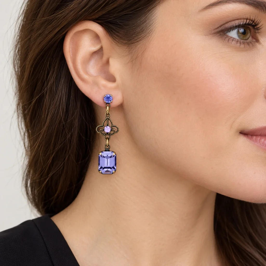 AI styling preview of Tanzanite-Tone Octagon Filigree Earrings worn on a model