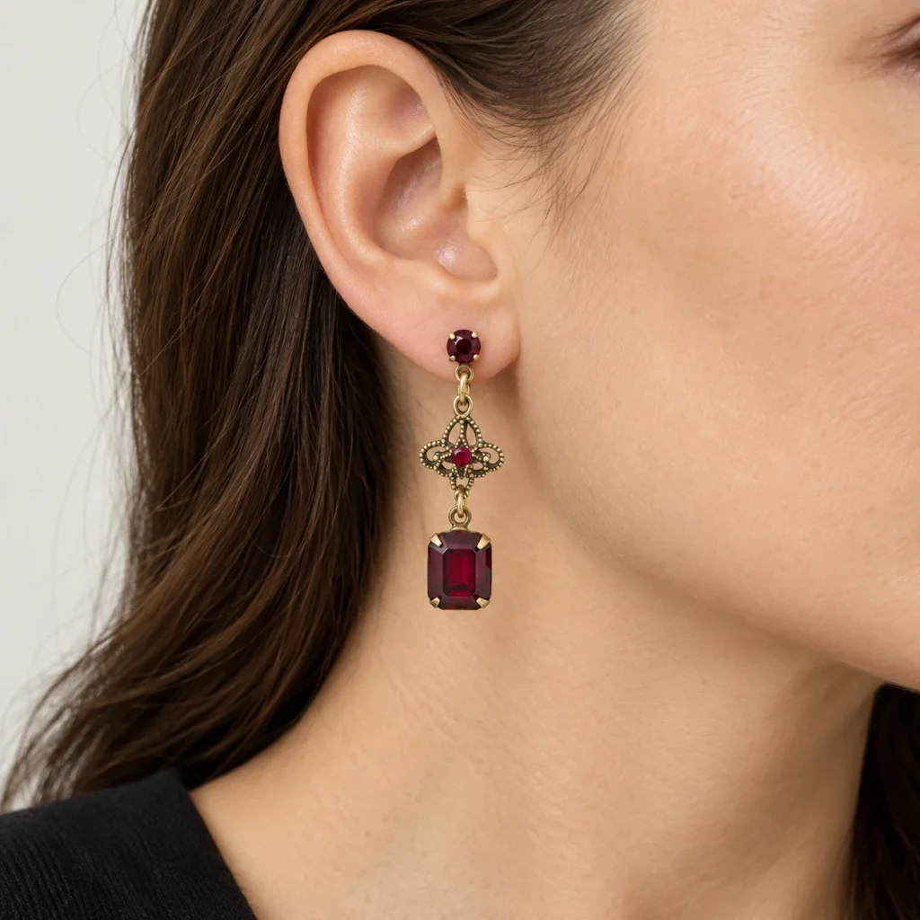 AI styling preview of Ruby-Tone Octagon Filigree Earrings worn on a model