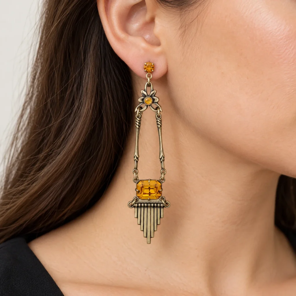 AI styling preview of Topaz-Tone Brass Chandelier Earrings worn on a model