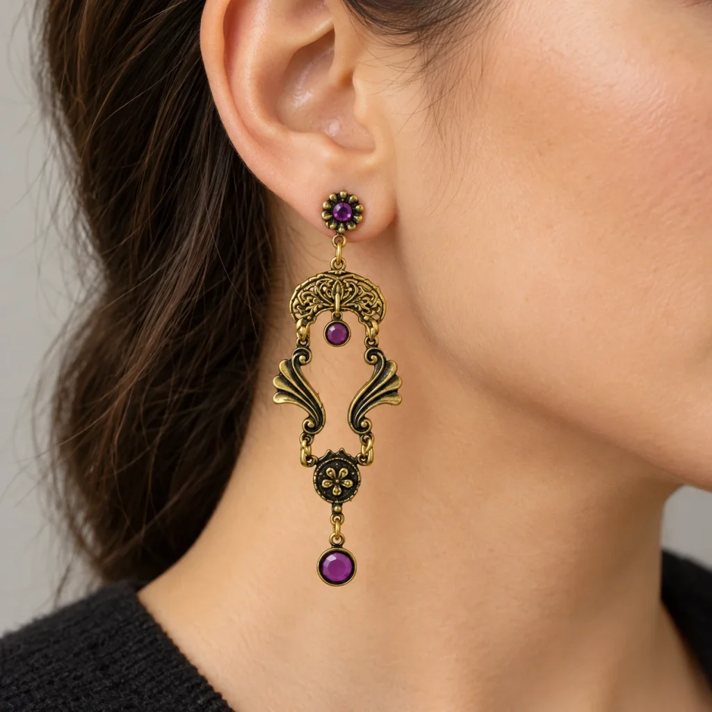 AI styling preview of Amethyst-Tone Crystal Chandelier Earrings worn on a model
