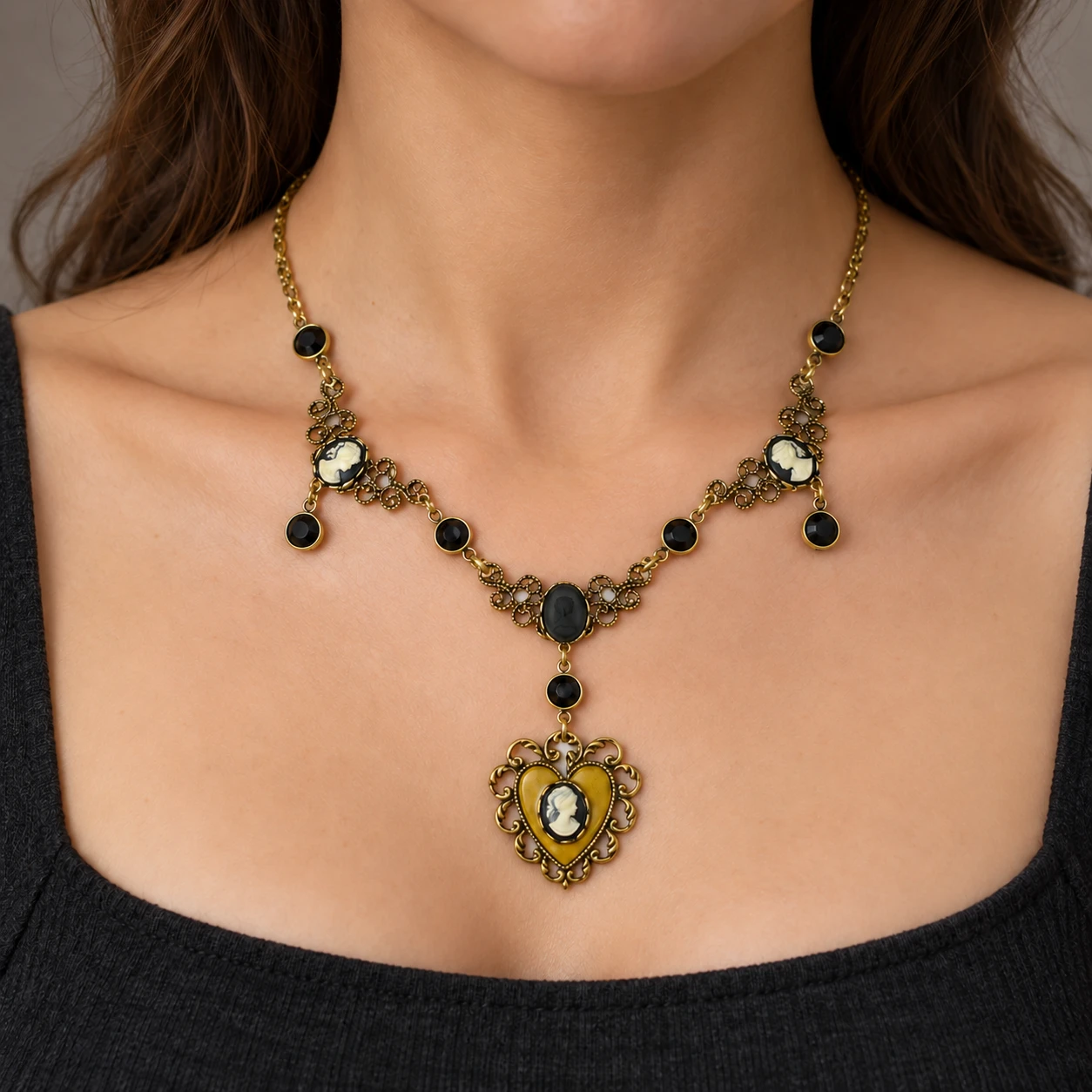 AI styling preview of Black Cameo & Heart Filigree Bib Necklace worn on a model