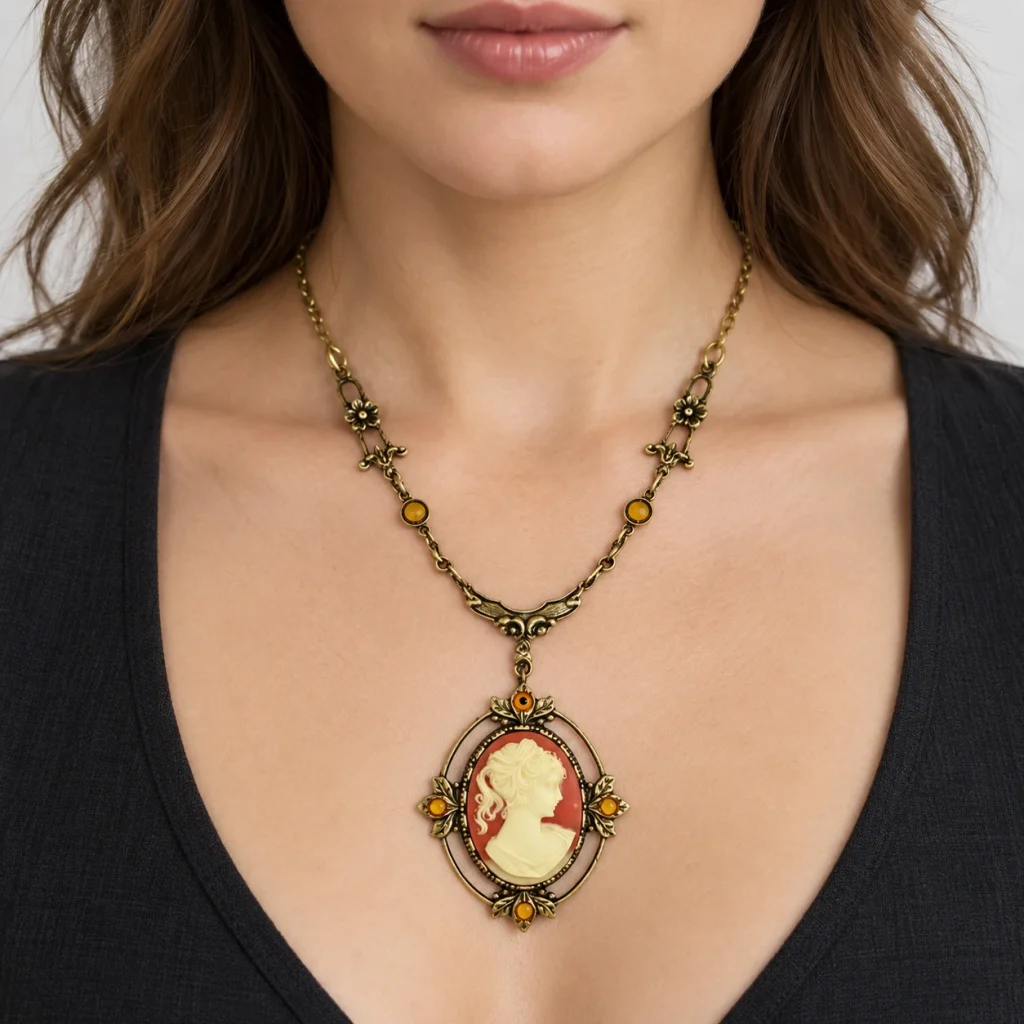 AI styling preview of Carnelian-Tone Oval Cameo Necklace worn on a model