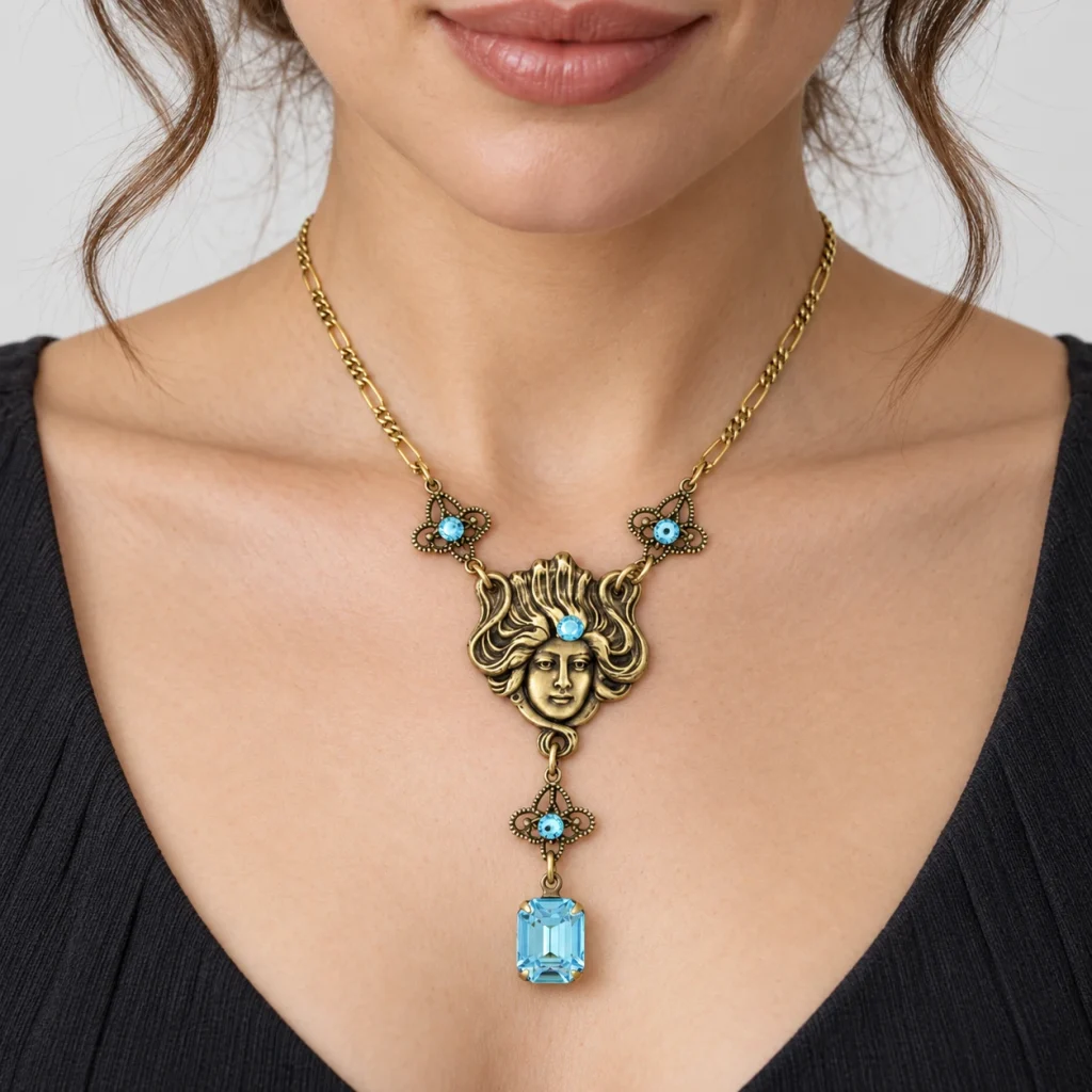 AI styling preview of Aqua Crystal Filigree Drop Necklace worn on a model