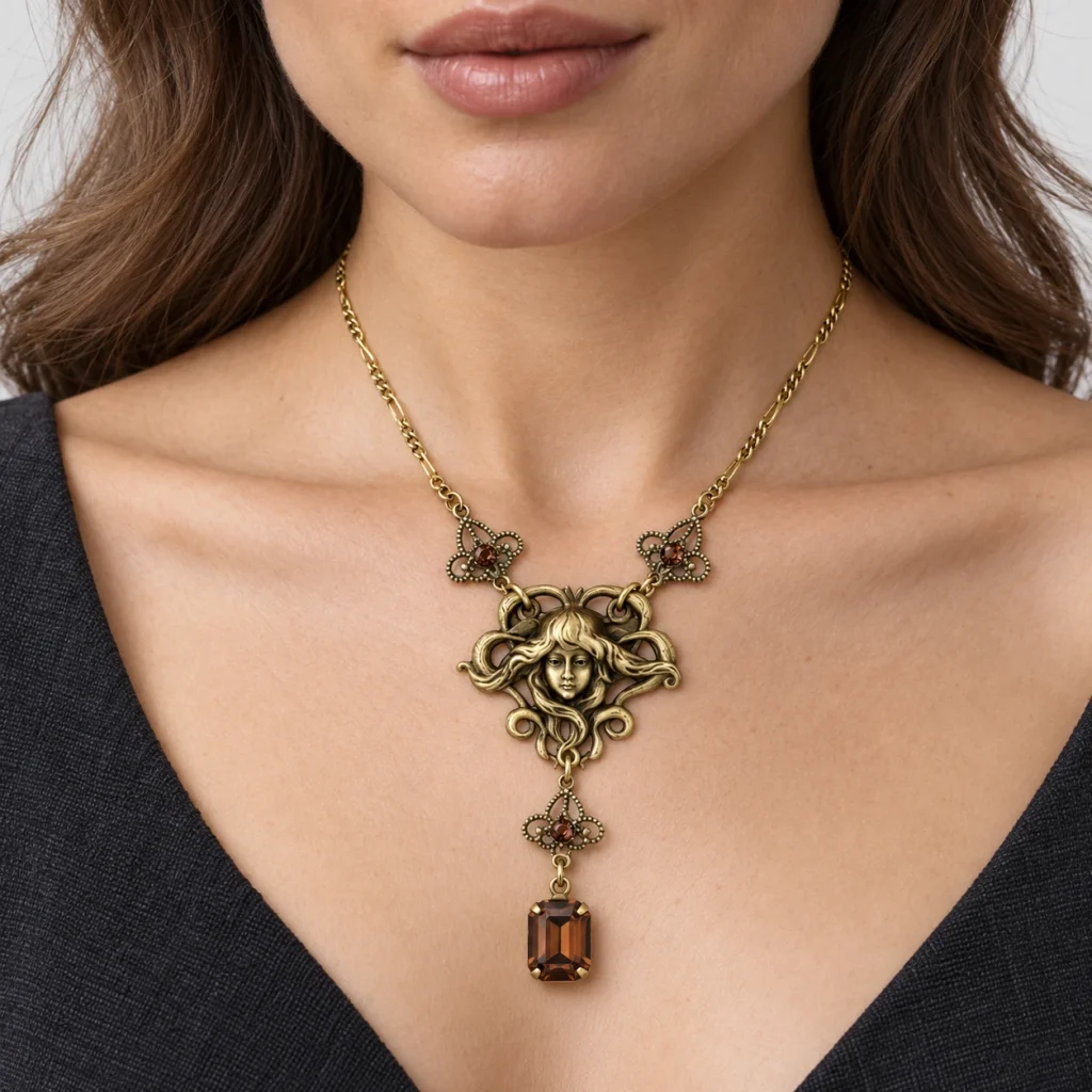 AI styling preview of Smoky Topaz-Tone Filigree Drop Necklace worn on a model