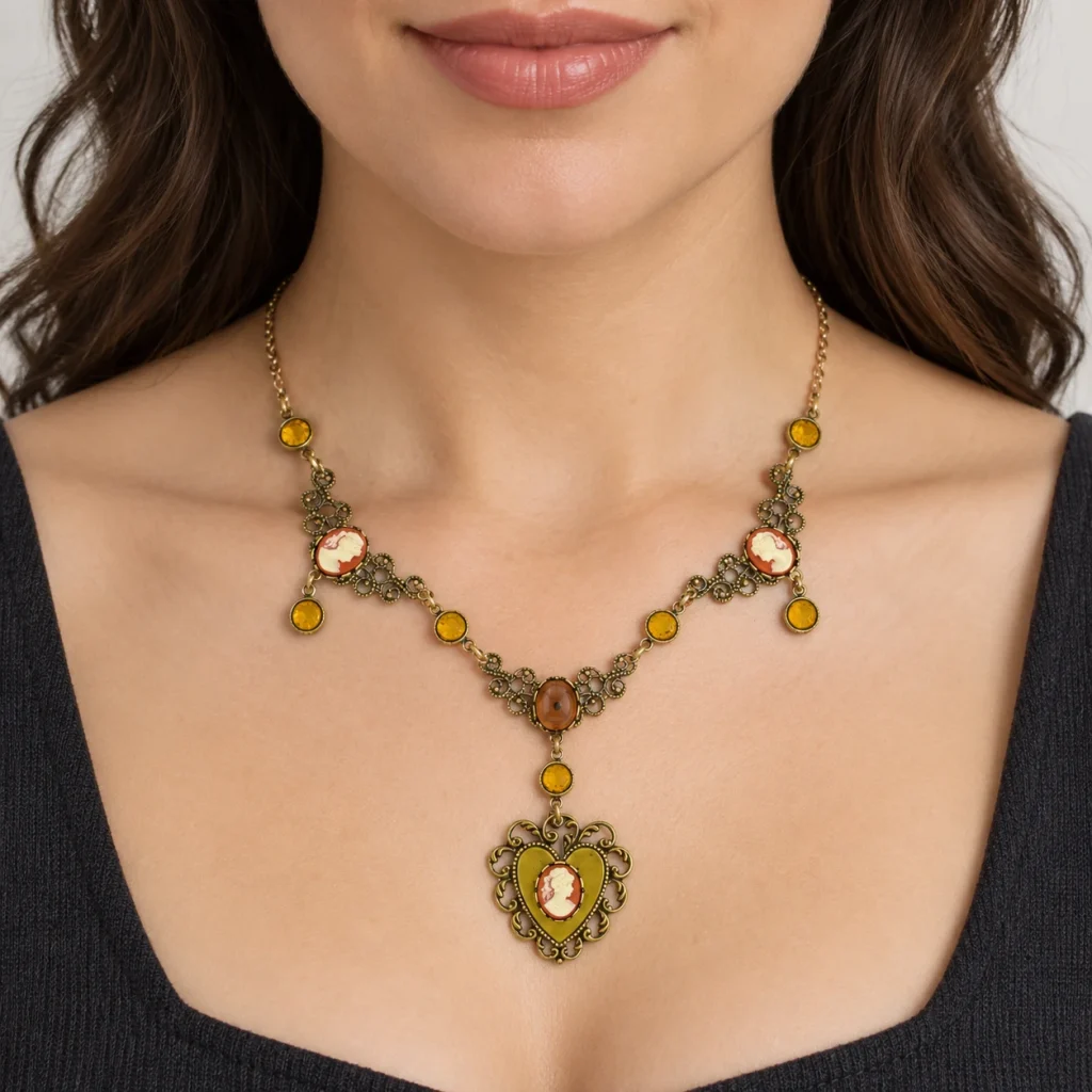 AI styling preview of Carnelian-Tone Cameo & Heart Bib Necklace worn on a model