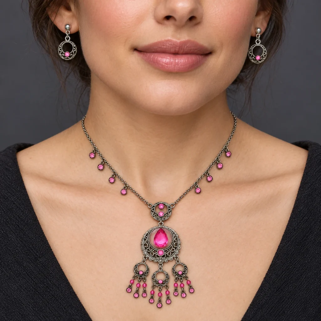 AI styling preview of Pink Crystal Filigree Necklace Set worn on a model