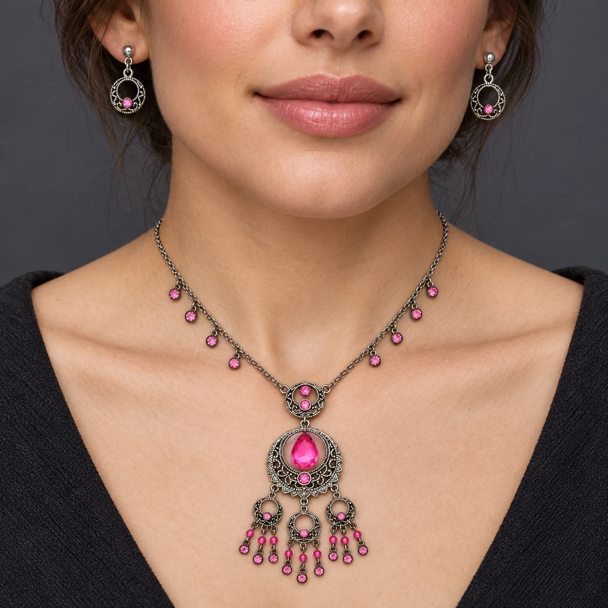 AI styling preview of Pink Crystal Filigree Necklace Set worn on a model