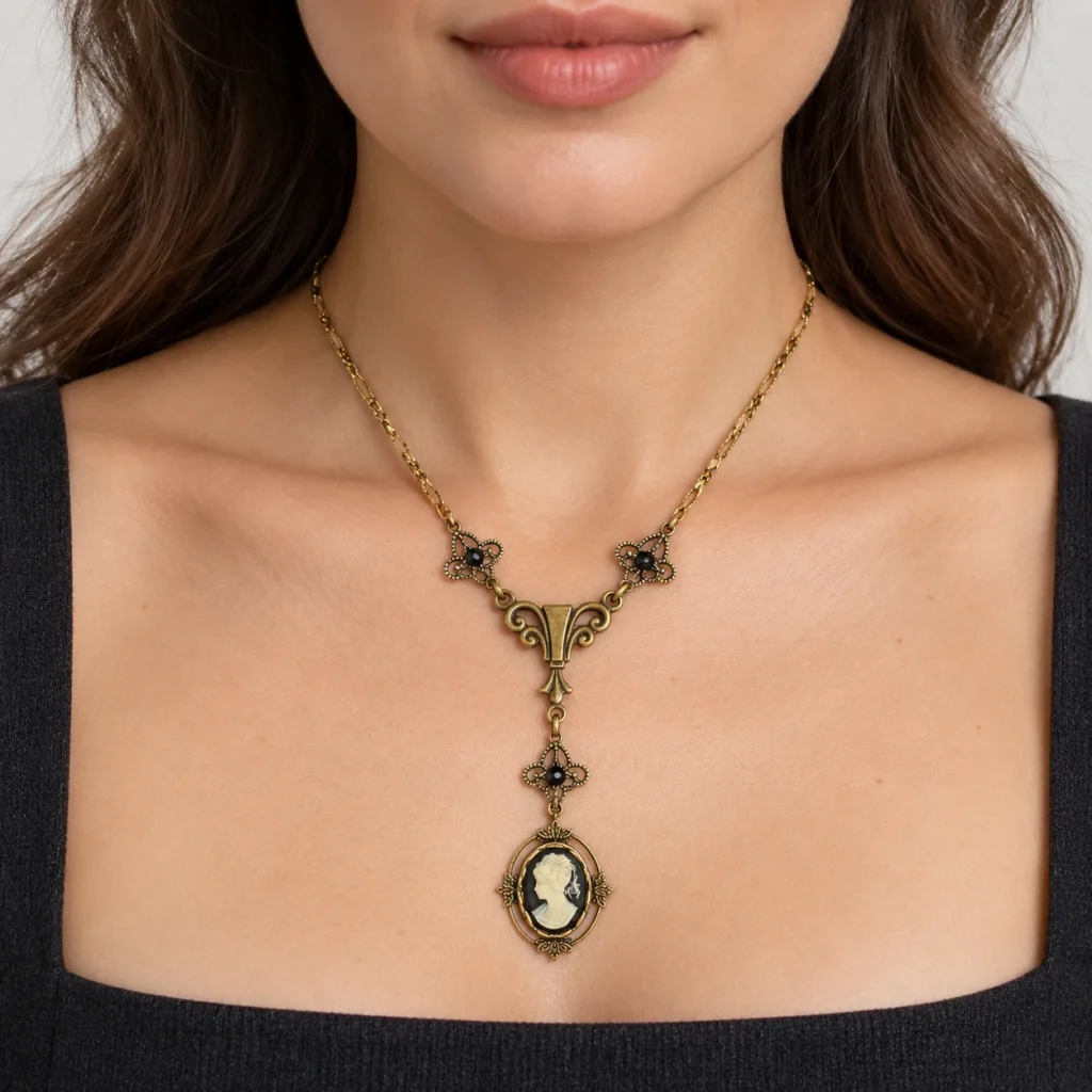 AI styling preview of Black Cameo Filigree Y Necklace worn on a model