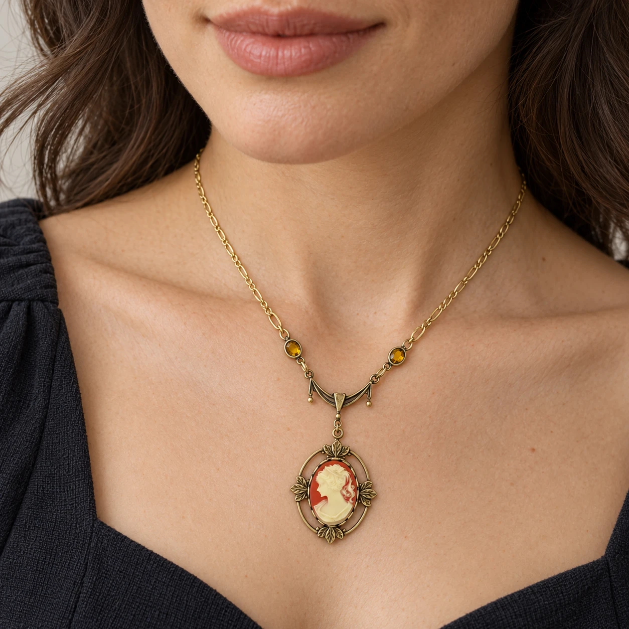 AI styling preview of Carnelian-Tone Petite Cameo Necklace worn on a model