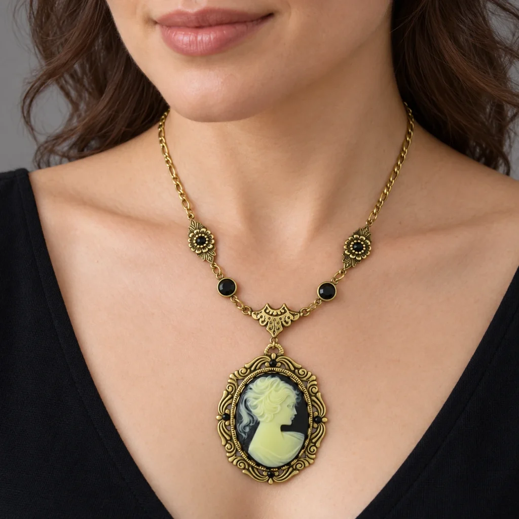 AI styling preview of Black Cameo Statement Necklace worn on a model