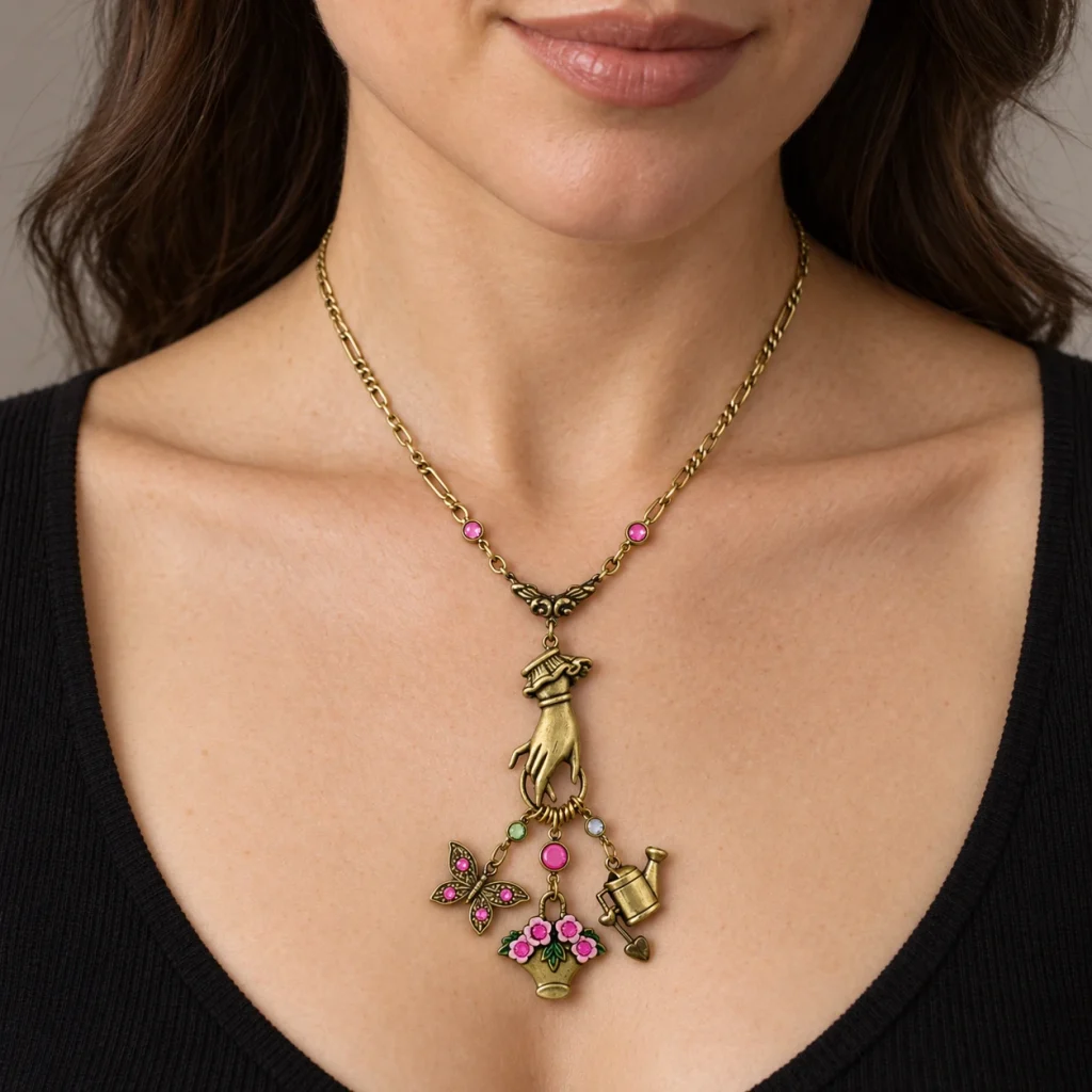 AI styling preview of Victorian Garden Charm Necklace worn on a model
