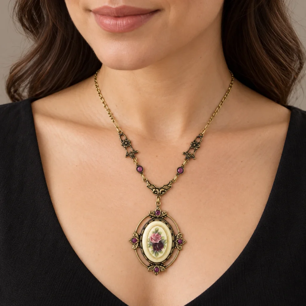 AI styling preview of Porcelain Rose Filigree Necklace worn on a model