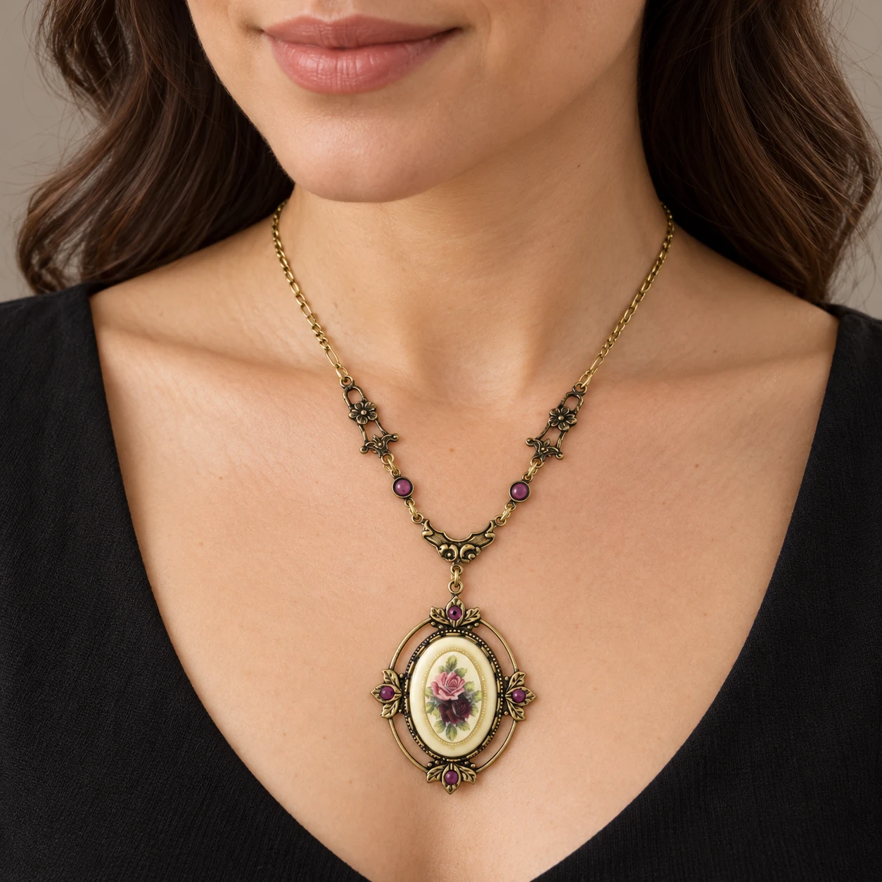 AI styling preview of Porcelain Rose Filigree Necklace worn on a model