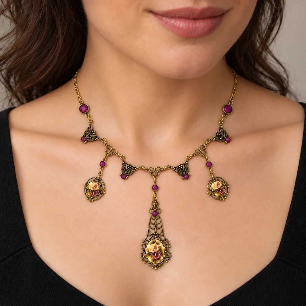 AI styling preview of Porcelain Rose Three-Drop Necklace worn on a model