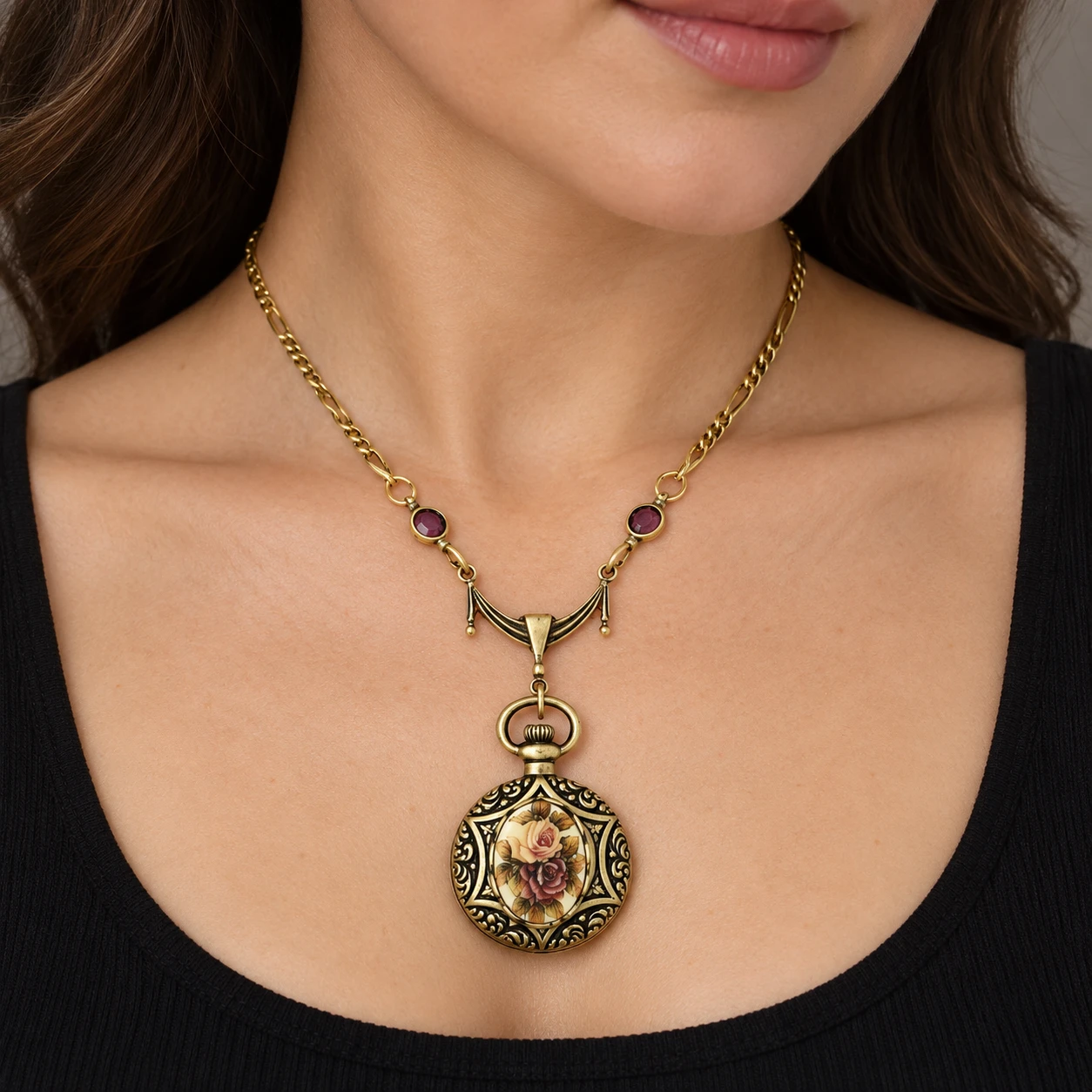 AI styling preview of Porcelain Rose Fob Necklace worn on a model