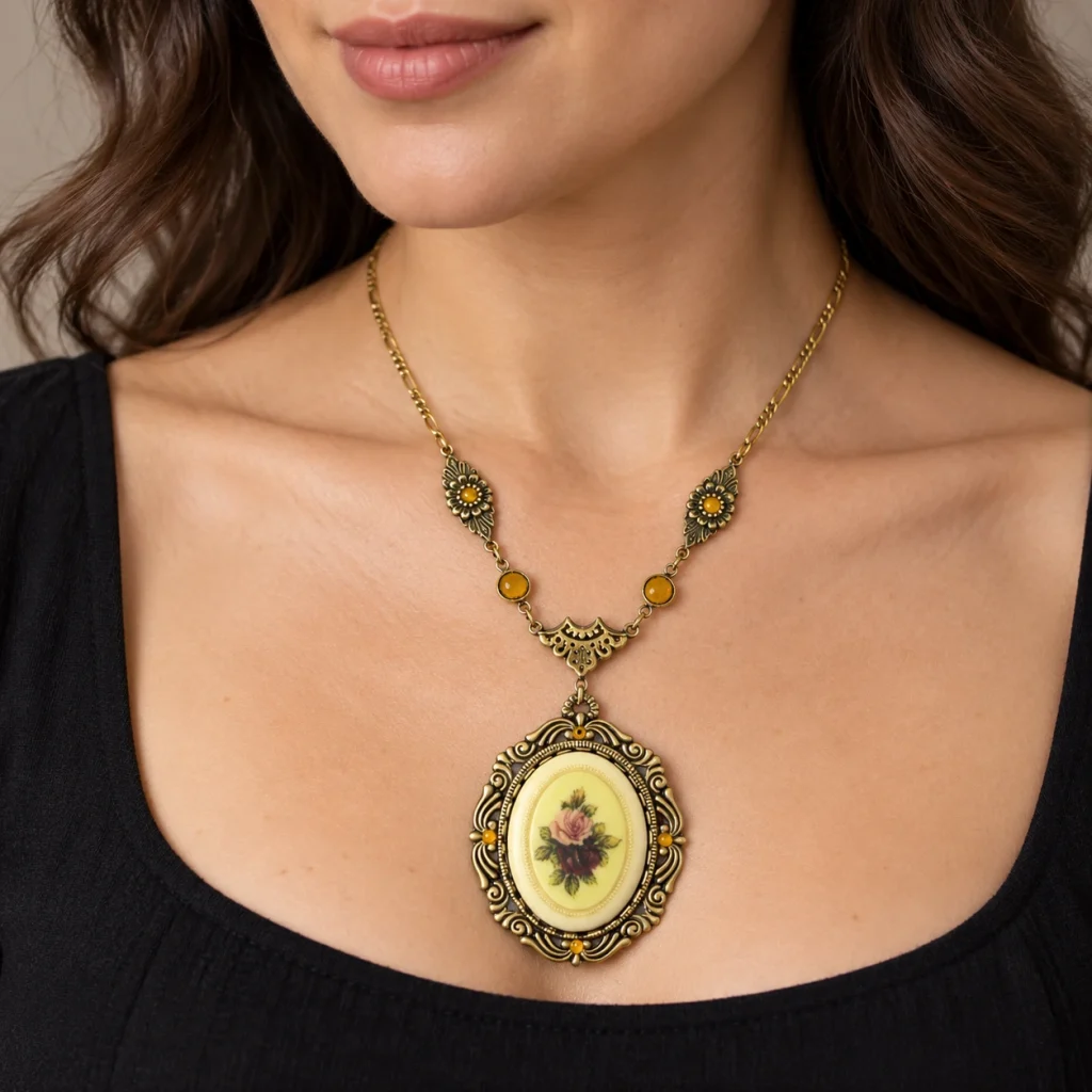 AI styling preview of Porcelain Rose Statement Necklace worn on a model