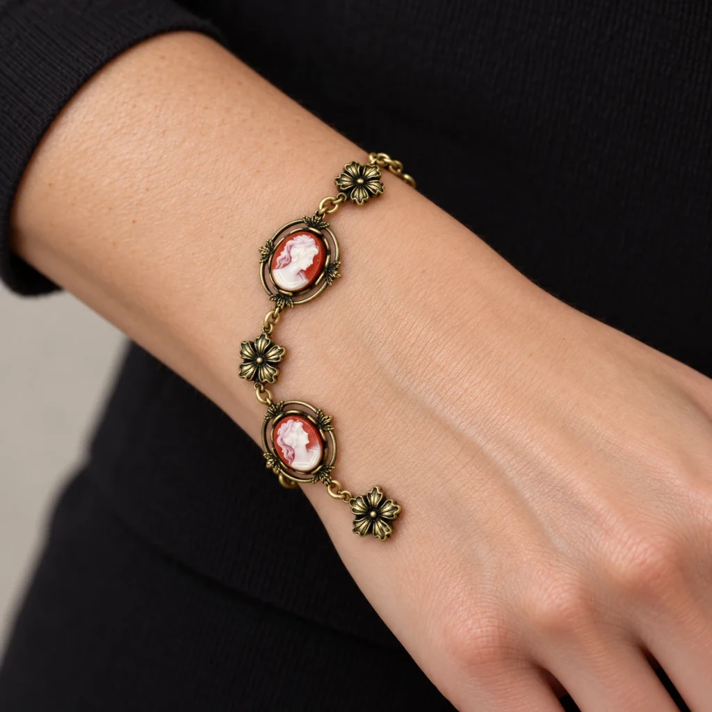 AI styling preview of Carnelian-Tone Cameo & Flower Bracelet worn on a model