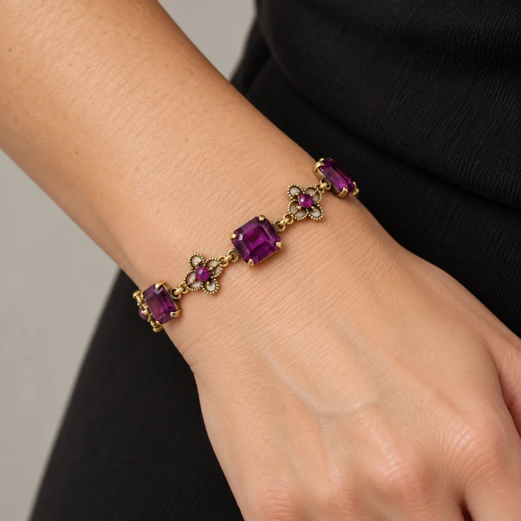 AI styling preview of Amethyst-Tone Crystal Filigree Bracelet worn on a model